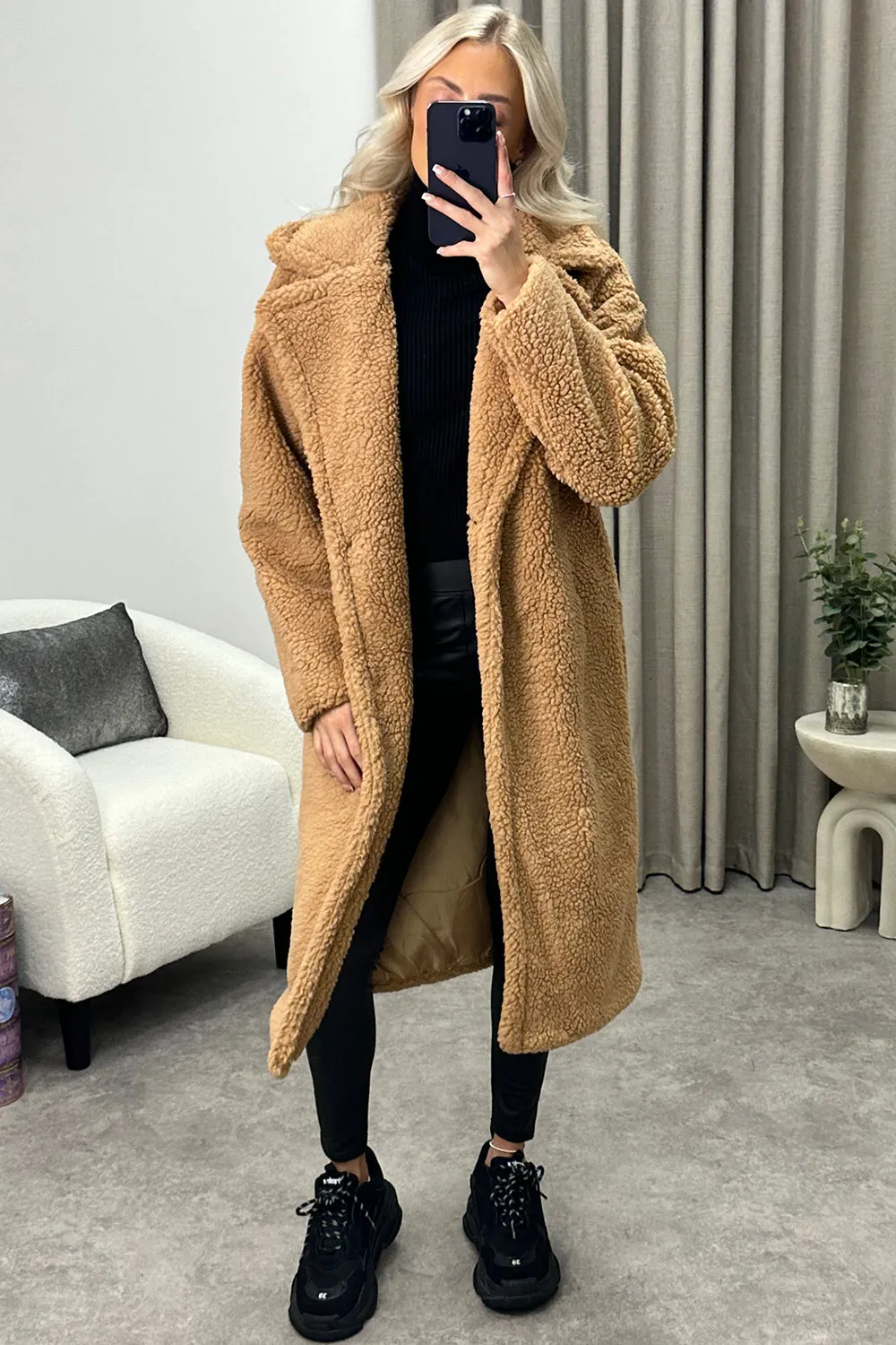 Reegan Dark Beige Teddy Borg Button Up Longline Coat
