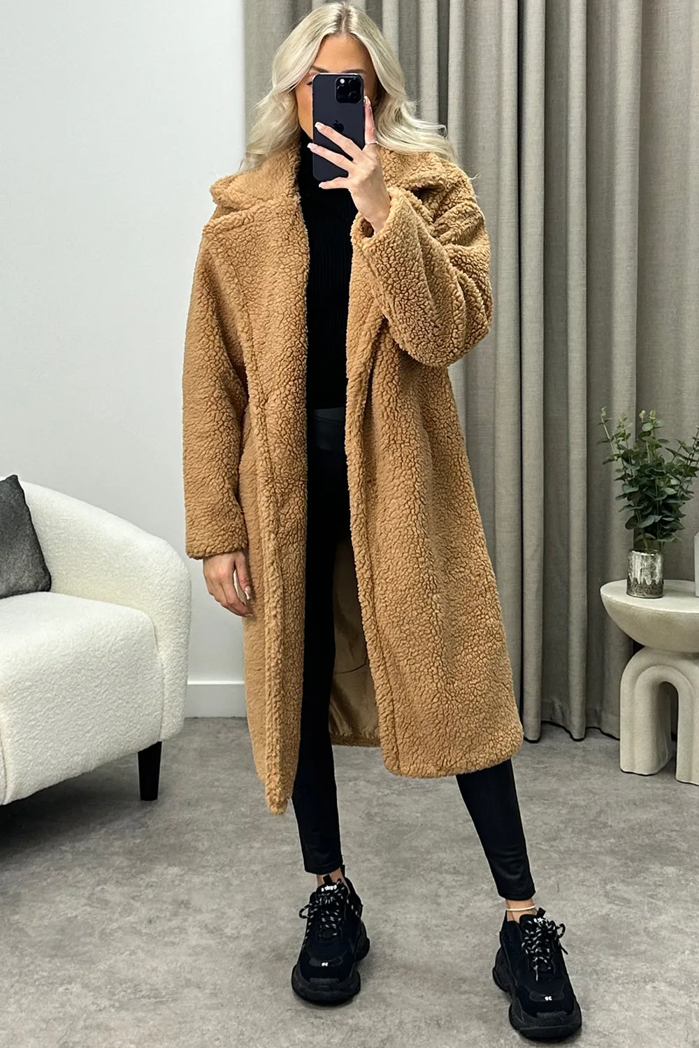 Reegan Dark Beige Teddy Borg Button Up Longline Coat