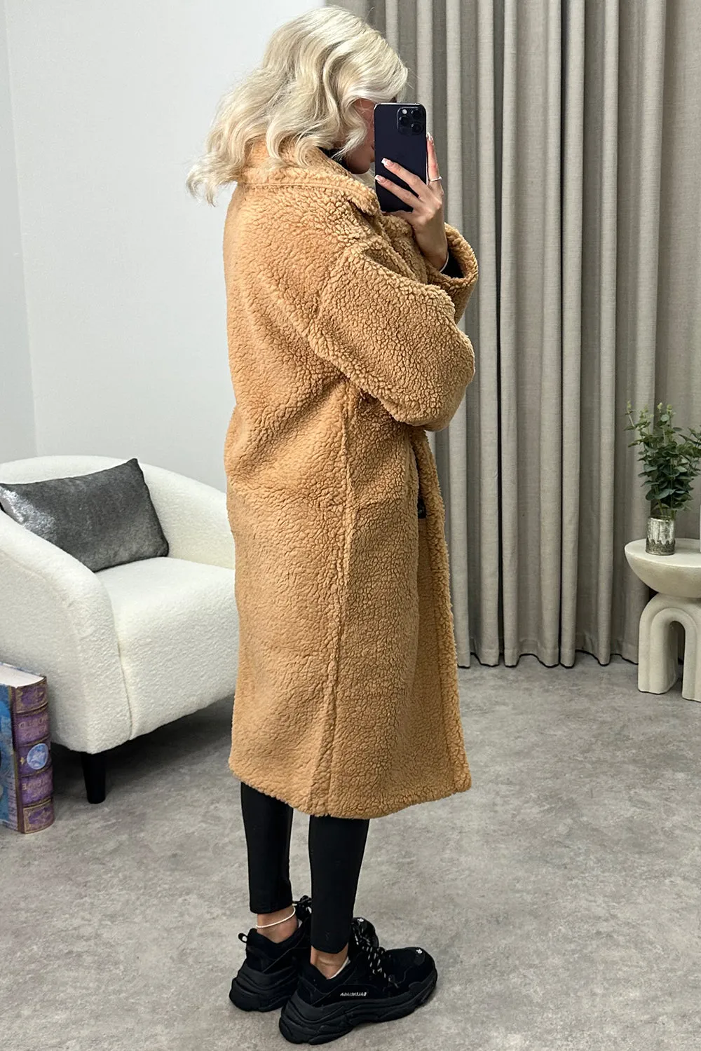 Reegan Dark Beige Teddy Borg Button Up Longline Coat