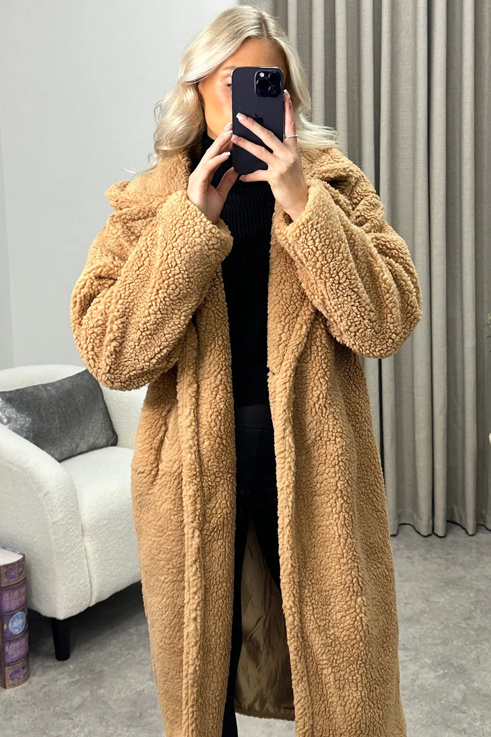 Reegan Dark Beige Teddy Borg Button Up Longline Coat