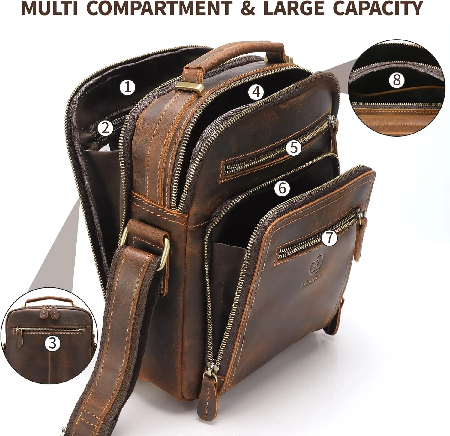 Ringsun Small Leather Men's Purse, Messenger Bag for Men with Zipper, Crossbody Shoulder Bag, RS30