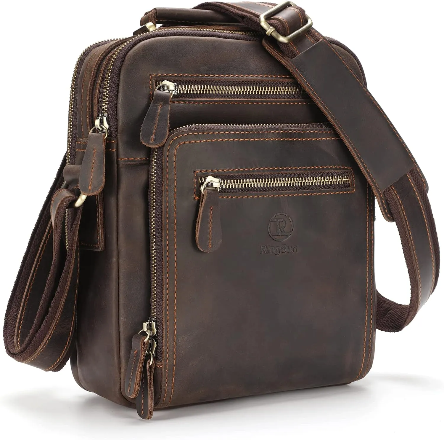 Ringsun Small Leather Men's Purse, Messenger Bag for Men with Zipper, Crossbody Shoulder Bag, RS30