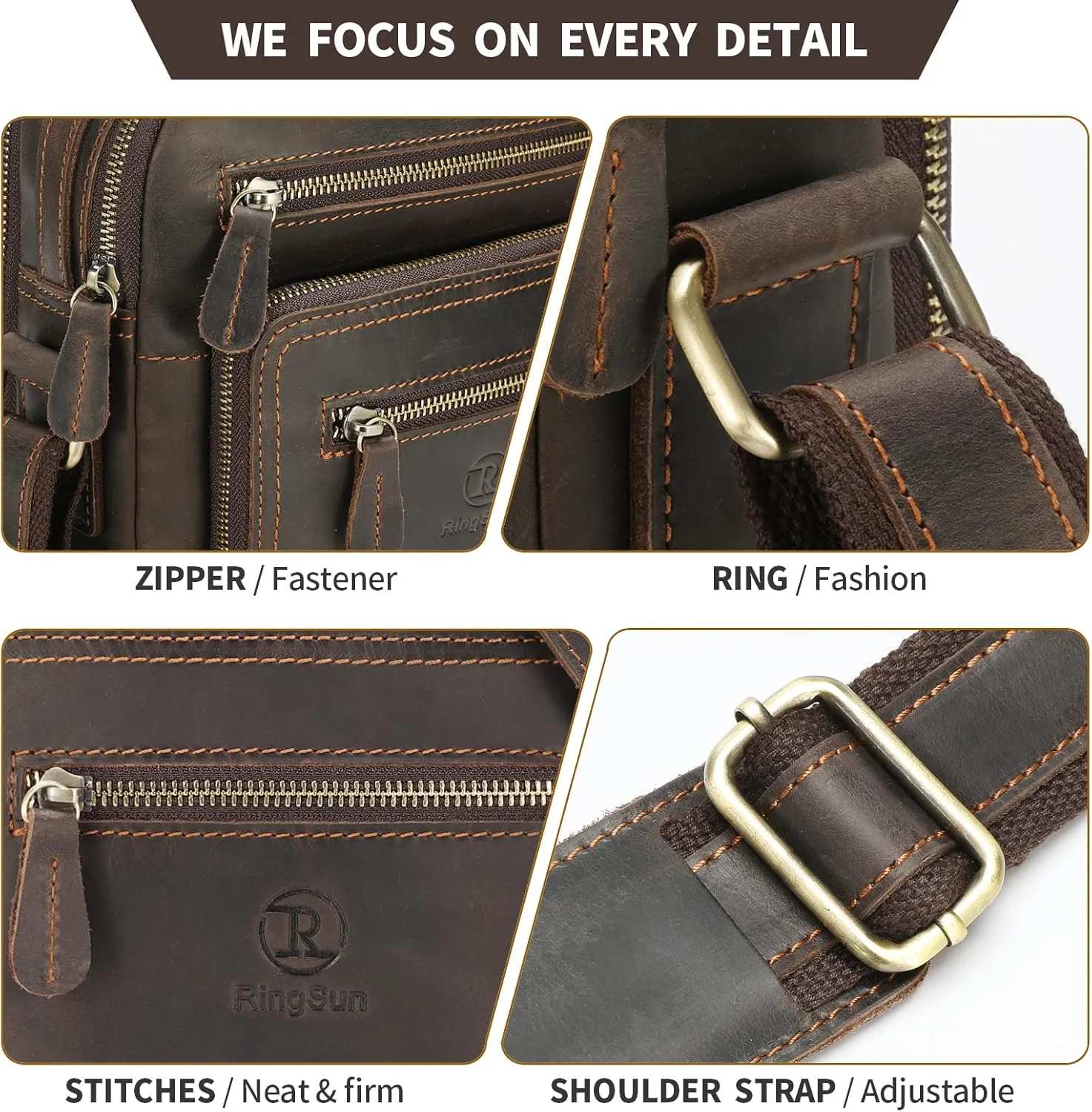 Ringsun Small Leather Men's Purse, Messenger Bag for Men with Zipper, Crossbody Shoulder Bag, RS30
