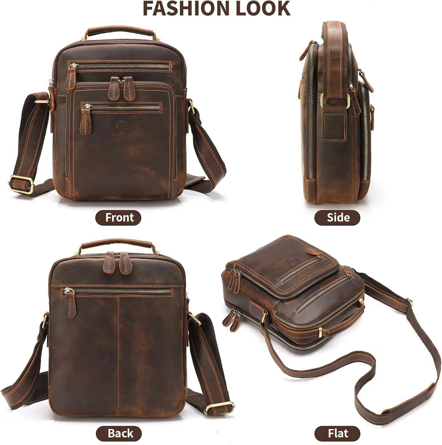 Ringsun Small Leather Men's Purse, Messenger Bag for Men with Zipper, Crossbody Shoulder Bag, RS30