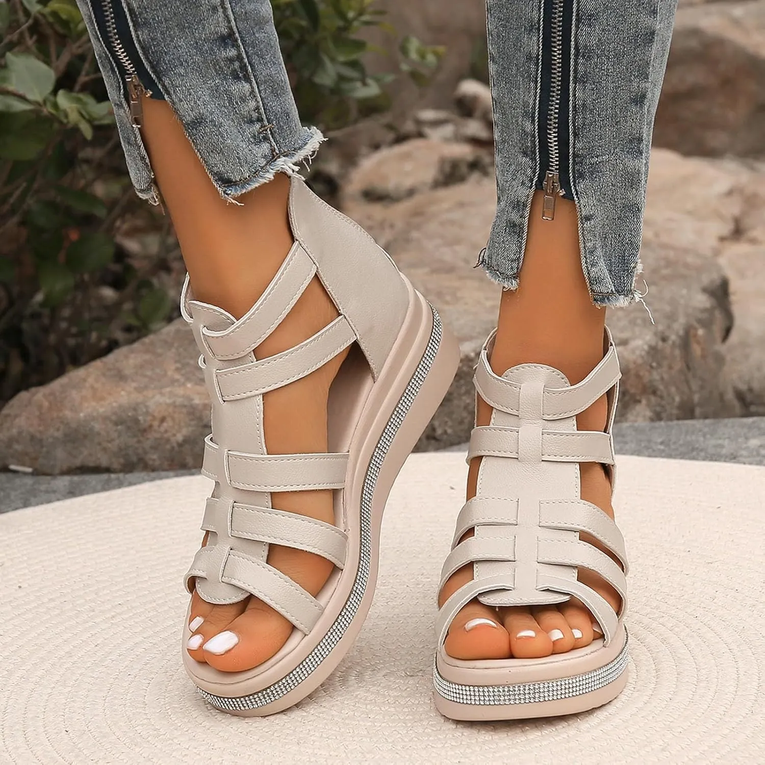 Sandals Womens Summer Comfortable Dressy Platform Womens Sandals Casual Cross Ankle Strap Wedge Sandals Women