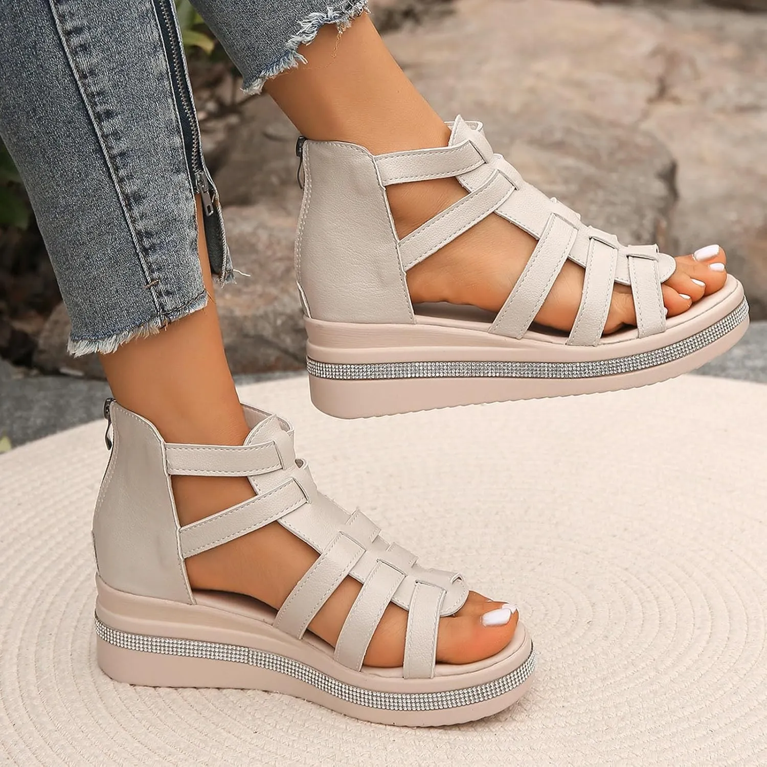 Sandals Womens Summer Comfortable Dressy Platform Womens Sandals Casual Cross Ankle Strap Wedge Sandals Women