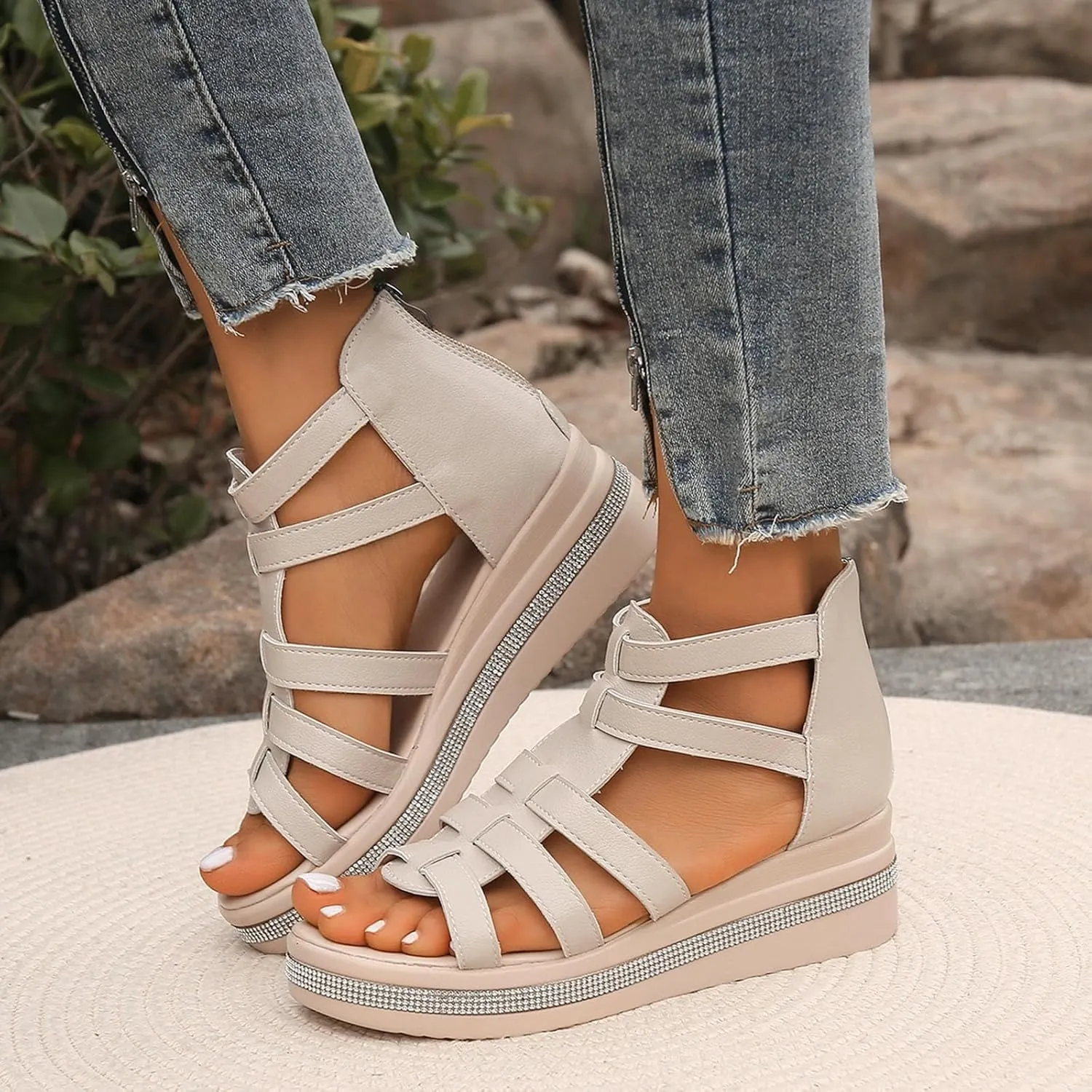 Sandals Womens Summer Comfortable Dressy Platform Womens Sandals Casual Cross Ankle Strap Wedge Sandals Women