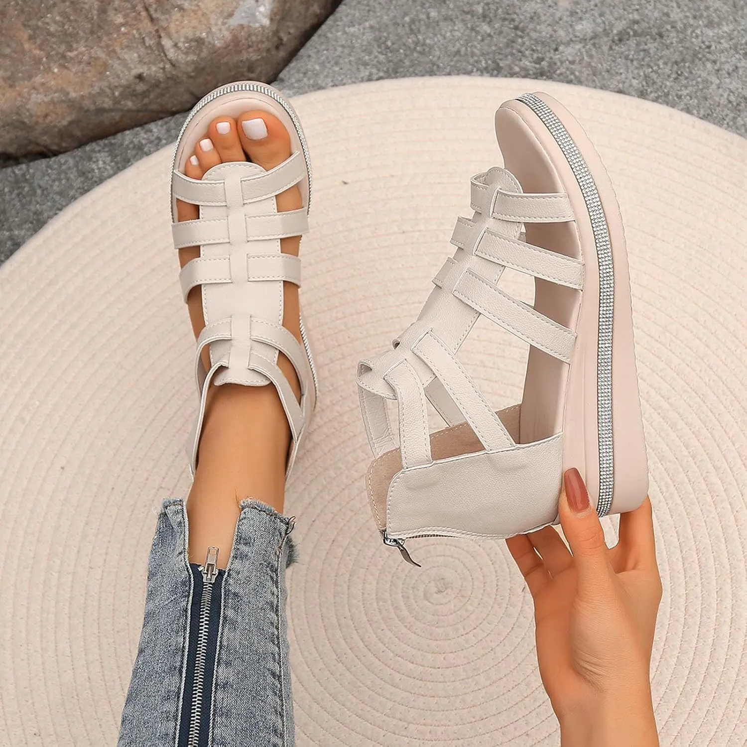 Sandals Womens Summer Comfortable Dressy Platform Womens Sandals Casual Cross Ankle Strap Wedge Sandals Women