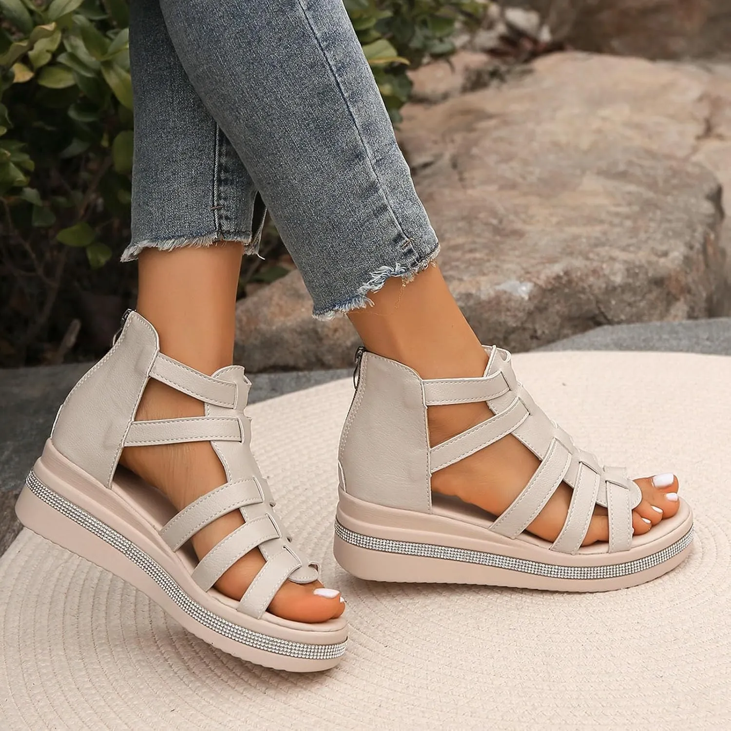 Sandals Womens Summer Comfortable Dressy Platform Womens Sandals Casual Cross Ankle Strap Wedge Sandals Women