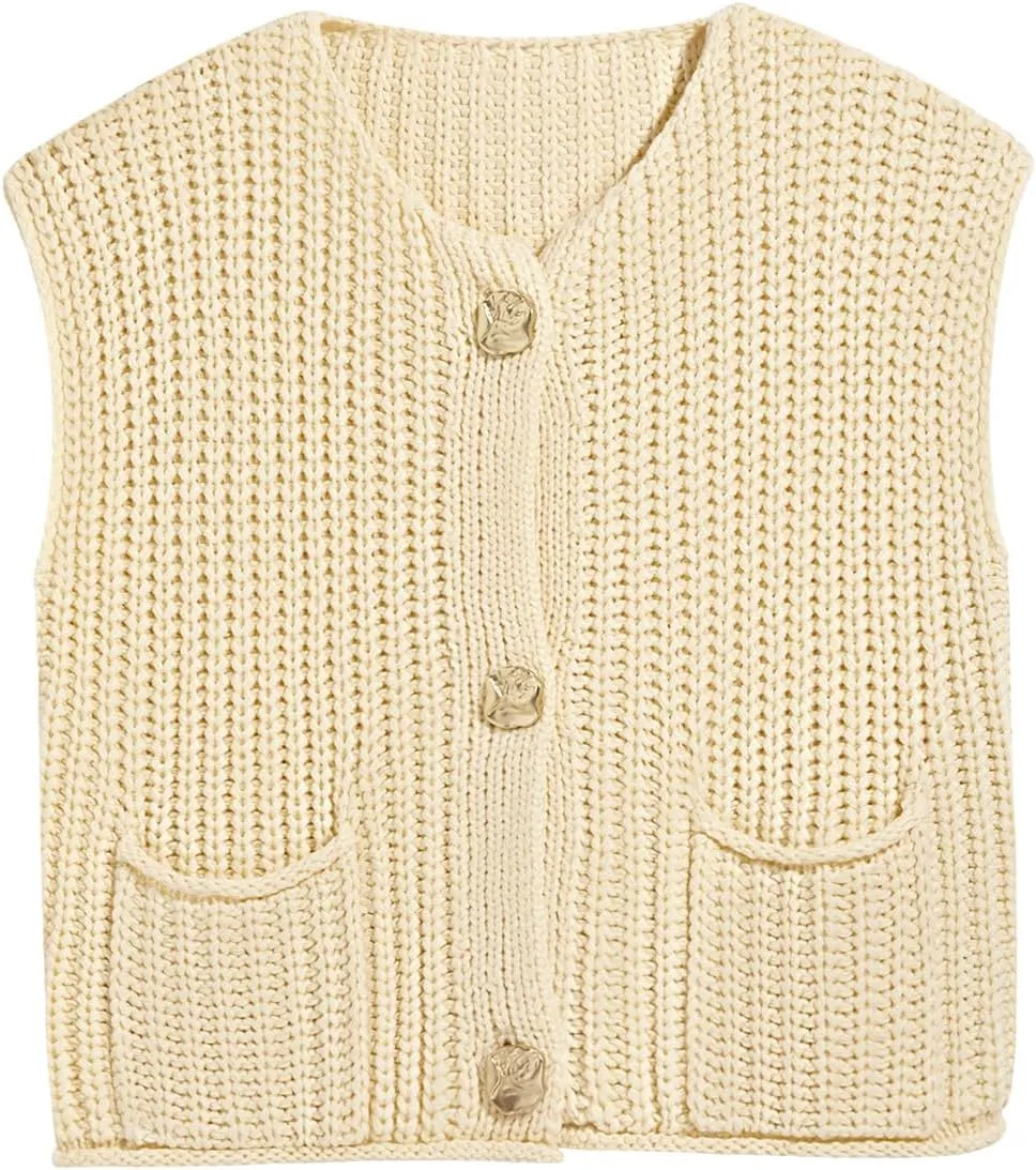 Saodimallsu Womens Sleeveless Cropped Sweater Vest Crochet Chunky Knit Button Down Cardigan Vests Tops with Pockets