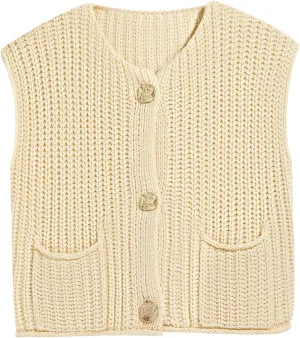 Saodimallsu Womens Sleeveless Cropped Sweater Vest Crochet Chunky Knit Button Down Cardigan Vests Tops with Pockets