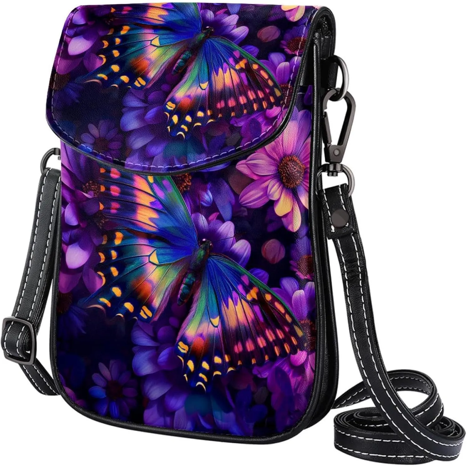 Satchel Bag Colorful Butterfly With Vibrant Wings Blossom Flowers Purse Crossbody Leather Messenger Bag For Women