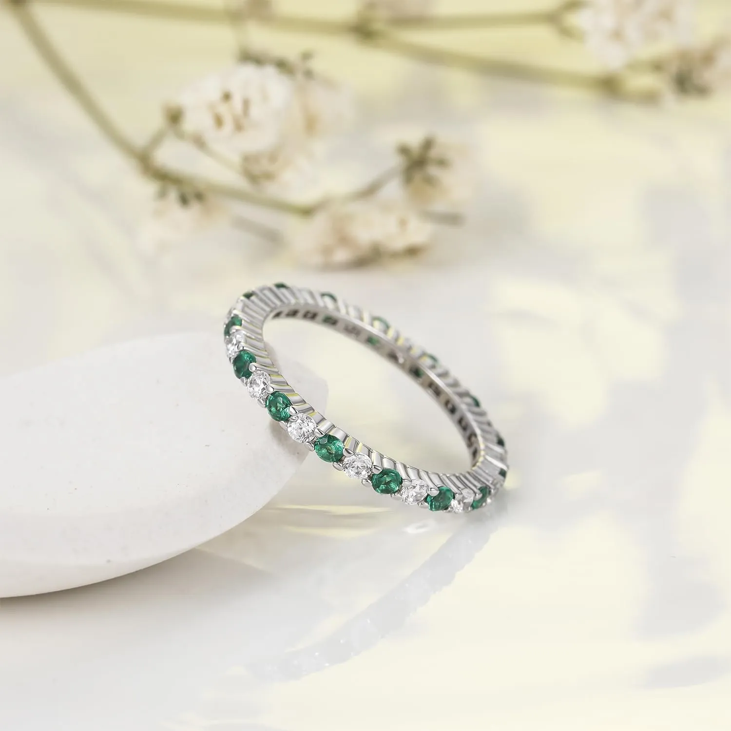 SHINYSO 925 Sterling Silver Rings for Women Thin Stacking Birthstone Ring Full Cubic Zirconia Eternity Engagement Wedding Band Size 4-10