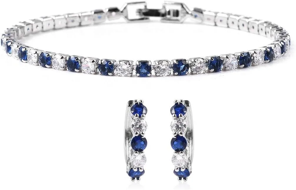 Shop LC Blue Cubic Zirconia Tennis Bracelet Hoop Earrings Costume Jewelry Costume Jewelry Set for Women Created Sapphire Jewelry Christmas Mothers Day Gifts for Her Size 7"