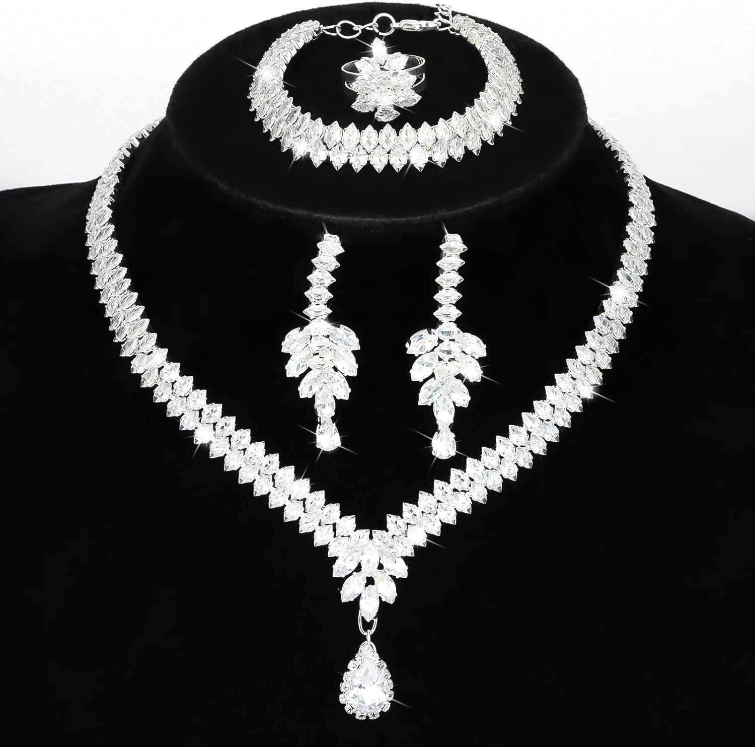 Silver Jewelry Set Rhinestone Necklace Bracelet Earrings Open Ring Set Bridal Prom Jewelry Set for Women