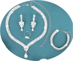 Silver Jewelry Set Rhinestone Necklace Bracelet Earrings Open Ring Set Bridal Prom Jewelry Set for Women
