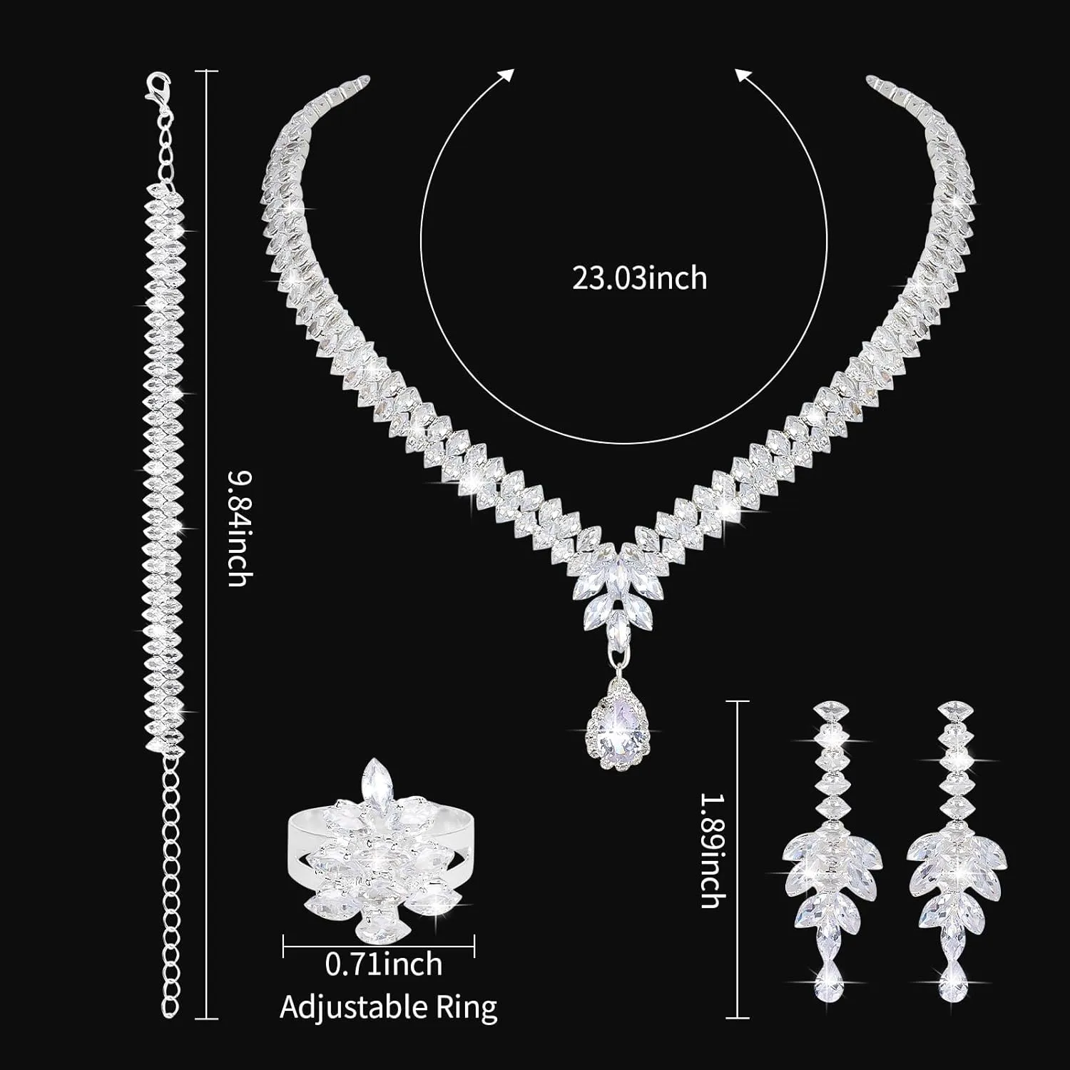 Silver Jewelry Set Rhinestone Necklace Bracelet Earrings Open Ring Set Bridal Prom Jewelry Set for Women