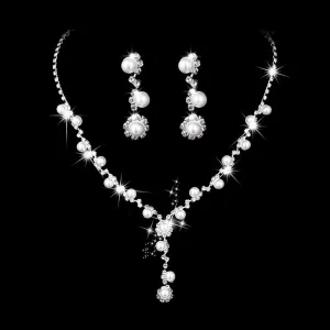Silver Rhinetsone Necklace Jewelry Pearl Bride Wedding Jewelry Sets Prom Necklace and Earring Set for Women