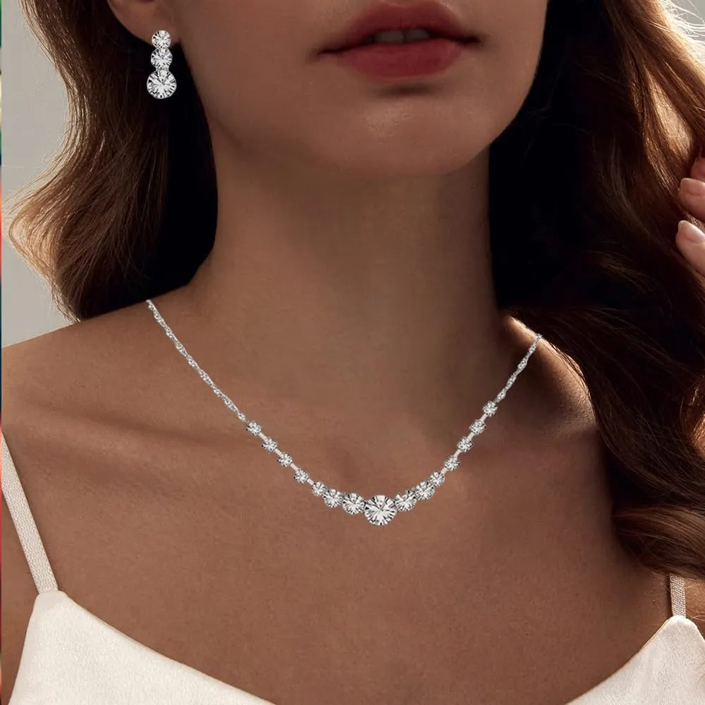 Silver Tennis Necklace and Bracelet Set for Women Wedding Jewelry Sets for Brides Earrings Prom Bridesmaid Jewelry