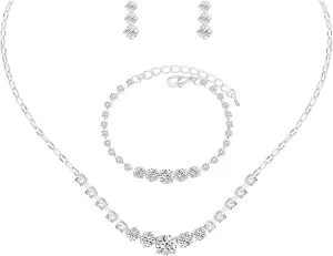 Silver Tennis Necklace and Bracelet Set for Women Wedding Jewelry Sets for Brides Earrings Prom Bridesmaid Jewelry