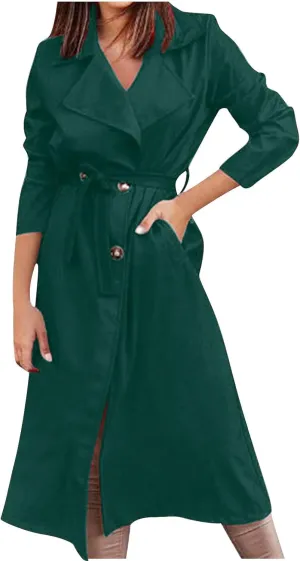 Sinzelimin Women's Mid-Length Trench Coat Fashion Solid Color Button up Notch Lapel Long Sleeve Suit Jacket Dress Windbreaker