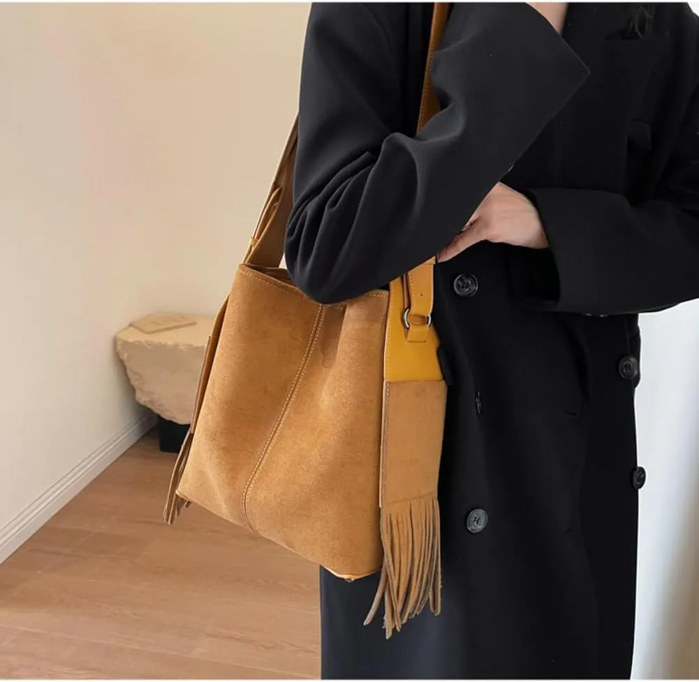 Slouchy Suede Bucket Bag Women Trendy Corduroy Boho Satchels Shoulder Bag Crossbody Purse Top-handle Tote Handbag 2024