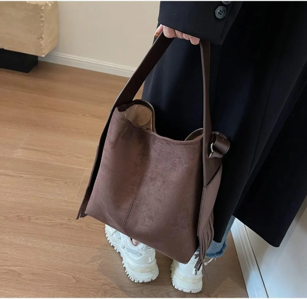 Slouchy Suede Bucket Bag Women Trendy Corduroy Boho Satchels Shoulder Bag Crossbody Purse Top-handle Tote Handbag 2024