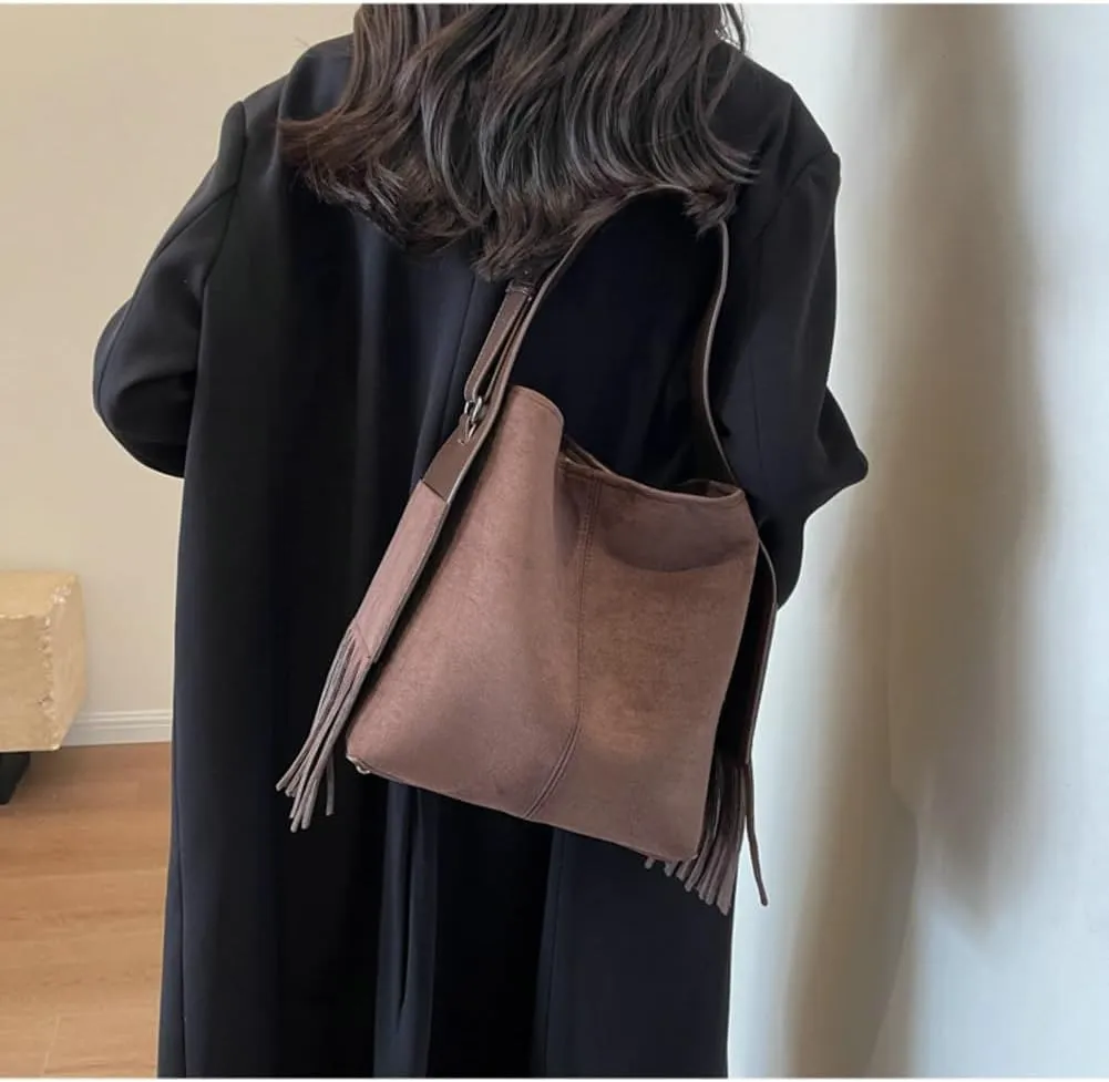 Slouchy Suede Bucket Bag Women Trendy Corduroy Boho Satchels Shoulder Bag Crossbody Purse Top-handle Tote Handbag 2024