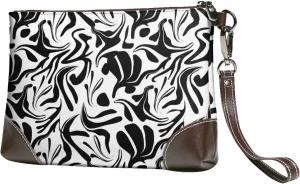 Small Clutch Purses for Women - Vibrant Boho Flower Black White Leather Wristlet Wallets for Women with Wrist Strap
