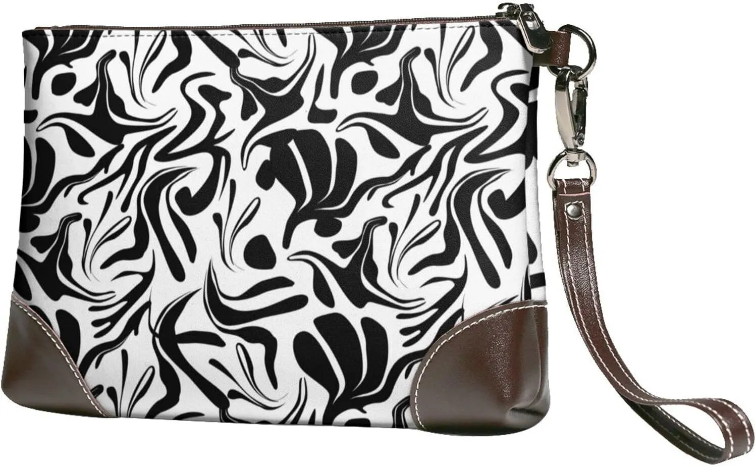 Small Clutch Purses for Women - Vibrant Boho Flower Black White Leather Wristlet Wallets for Women with Wrist Strap