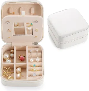 Small Travel Jewelry Case, To Go Portable Jewelry Box, Travel Jewelry Organizer,Portable Jewellery Storage Holder for Rings Earrings Necklace, Gifts for Girls Women with Mirror -White