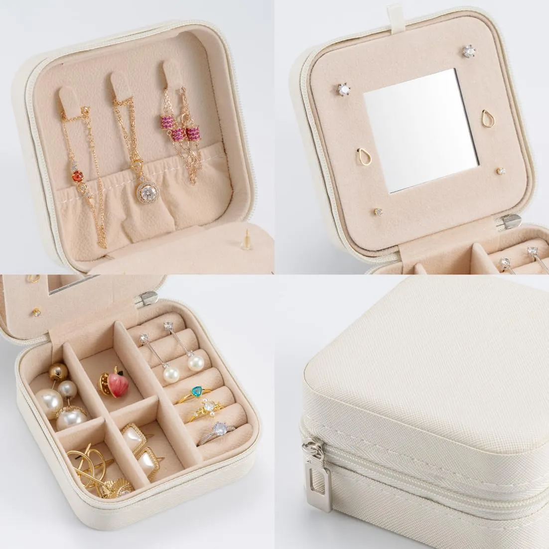 Small Travel Jewelry Case, To Go Portable Jewelry Box, Travel Jewelry Organizer,Portable Jewellery Storage Holder for Rings Earrings Necklace, Gifts for Girls Women with Mirror -White