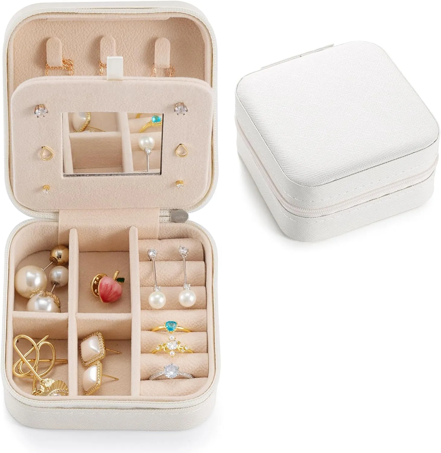 Small Travel Jewelry Case, To Go Portable Jewelry Box, Travel Jewelry Organizer,Portable Jewellery Storage Holder for Rings Earrings Necklace, Gifts for Girls Women with Mirror -White