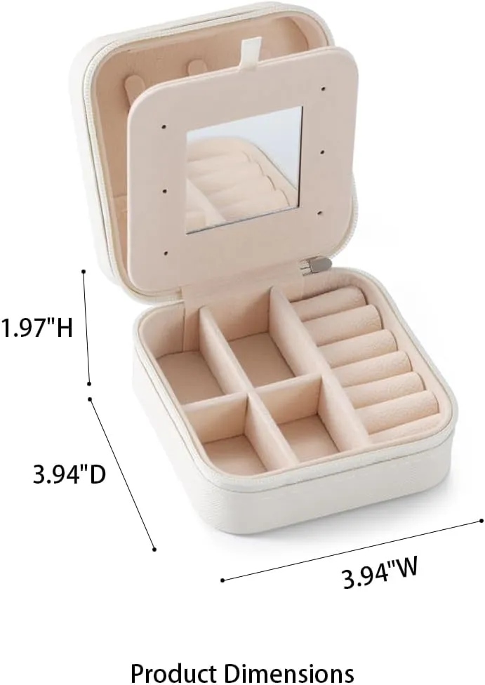 Small Travel Jewelry Case, To Go Portable Jewelry Box, Travel Jewelry Organizer,Portable Jewellery Storage Holder for Rings Earrings Necklace, Gifts for Girls Women with Mirror -White
