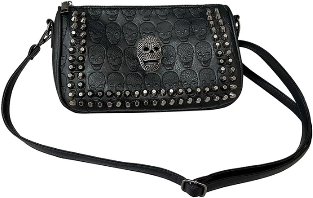 Small Women Classic Skull Crossbody Bag Vintage Gothic Clutch Purse Printing Shoulder Bag Rivets Handbag Black