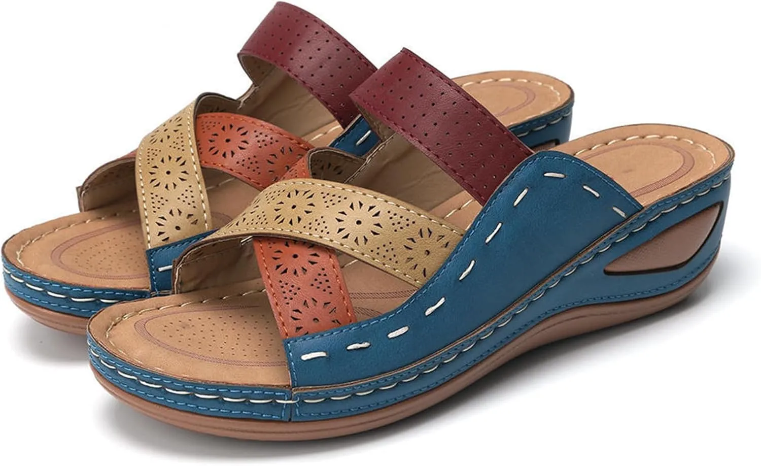 Smoneyful Womens Orthotic Sandals Arch Support Wedge Slides Slip On Vintage Boho Open Toe Casual Beach Summer Flip Flops