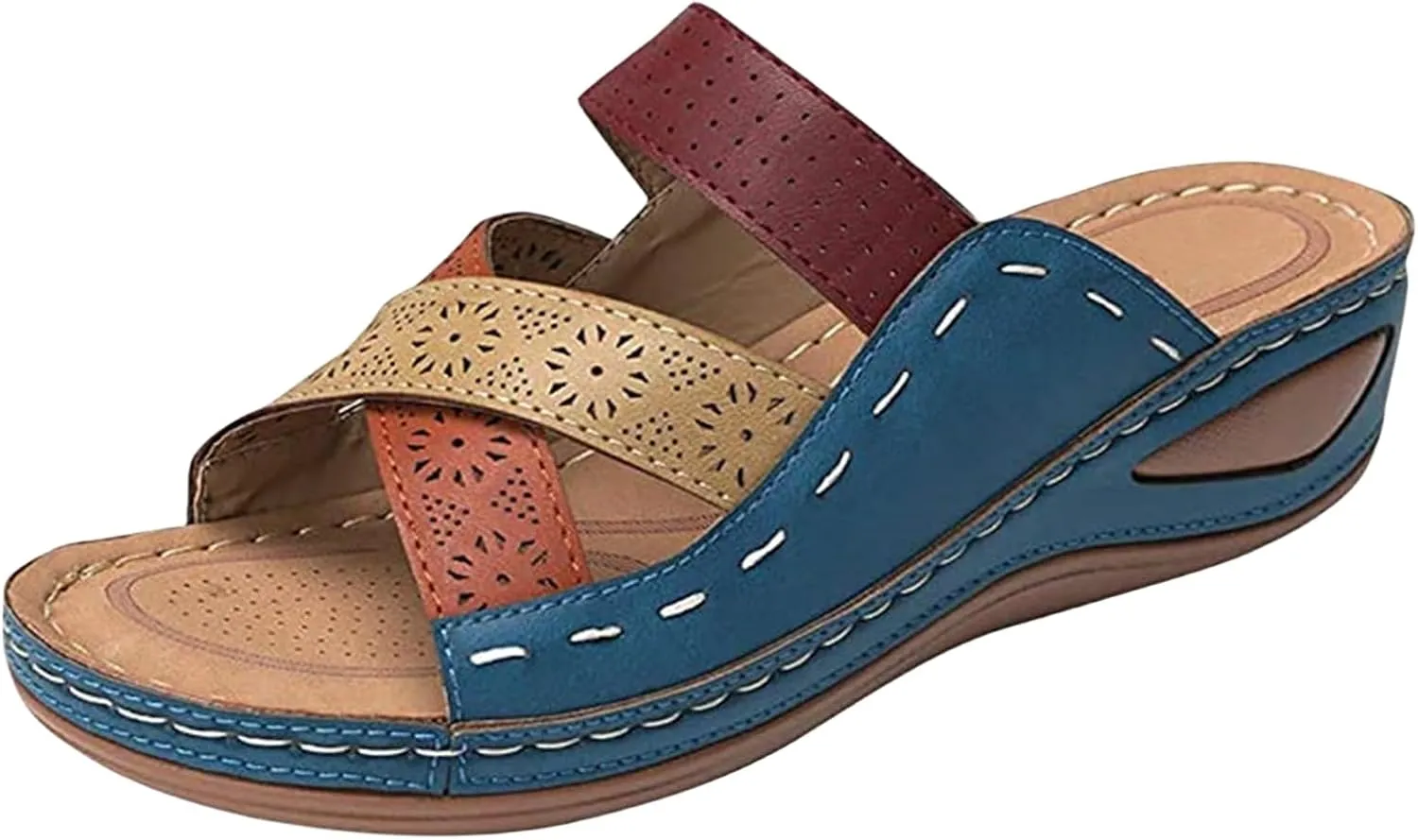 Smoneyful Womens Orthotic Sandals Arch Support Wedge Slides Slip On Vintage Boho Open Toe Casual Beach Summer Flip Flops