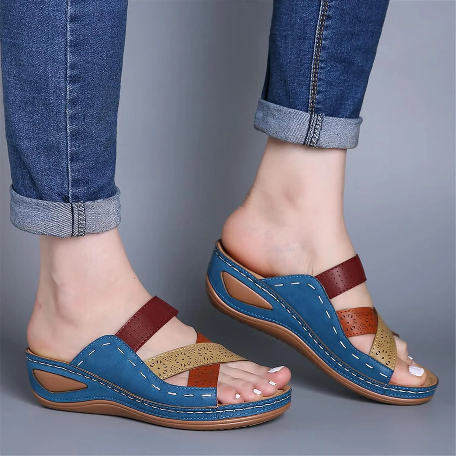 Smoneyful Womens Orthotic Sandals Arch Support Wedge Slides Slip On Vintage Boho Open Toe Casual Beach Summer Flip Flops