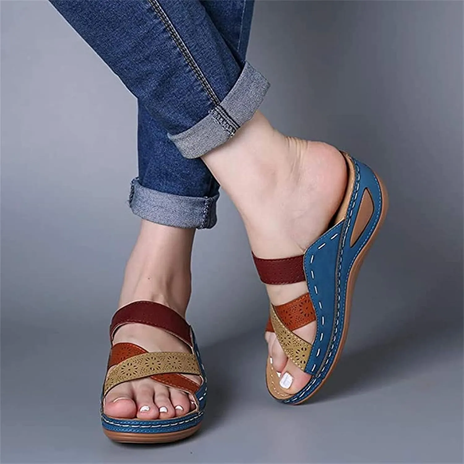 Smoneyful Womens Orthotic Sandals Arch Support Wedge Slides Slip On Vintage Boho Open Toe Casual Beach Summer Flip Flops