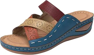 Smoneyful Womens Orthotic Sandals Arch Support Wedge Slides Slip On Vintage Boho Open Toe Casual Beach Summer Flip Flops