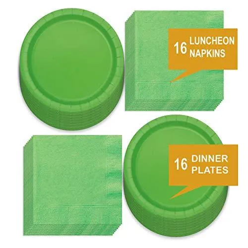 Solid Lime Green Paper Dinner Plates and Luncheon Napkins, Green Party Supplies and Table Decorations (Serves 16)