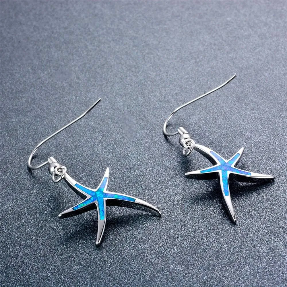 Starfish Necklace Earrings Jewelry Set with Blue Purple Opal Ocean Sea Animal Beach Jewelry for Women