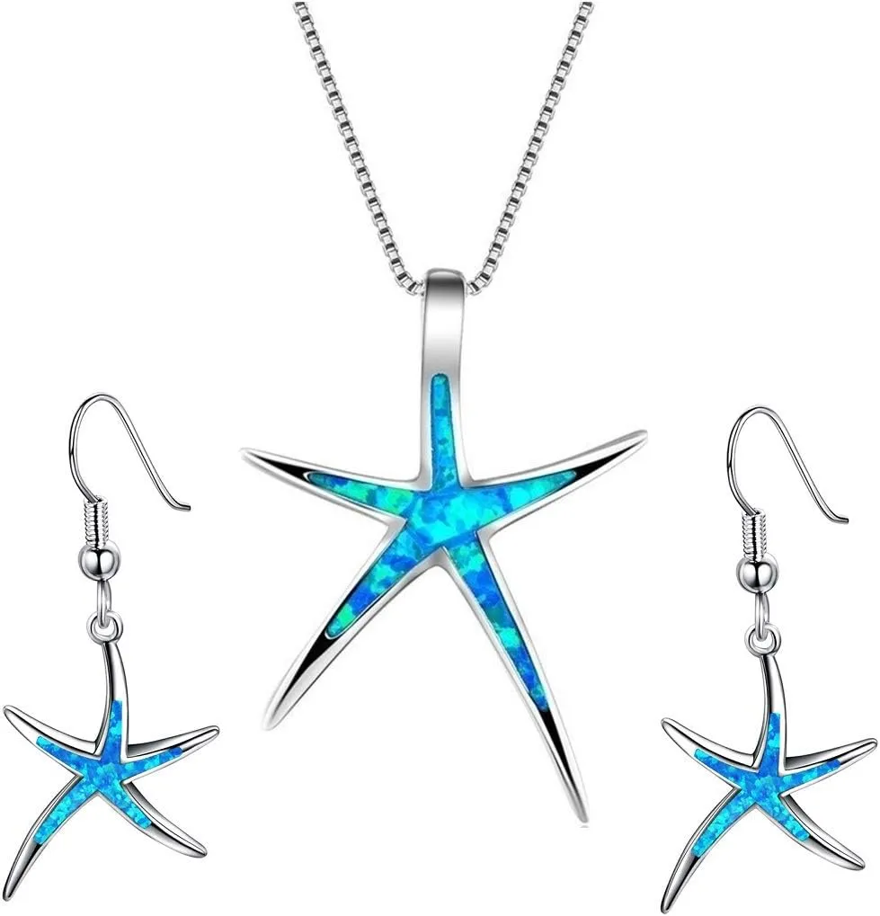 Starfish Necklace Earrings Jewelry Set with Blue Purple Opal Ocean Sea Animal Beach Jewelry for Women