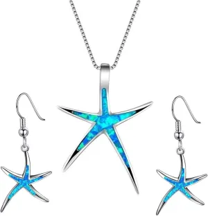 Starfish Necklace Earrings Jewelry Set with Blue Purple Opal Ocean Sea Animal Beach Jewelry for Women