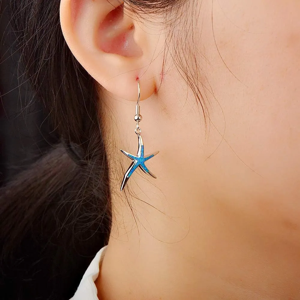 Starfish Necklace Earrings Jewelry Set with Blue Purple Opal Ocean Sea Animal Beach Jewelry for Women