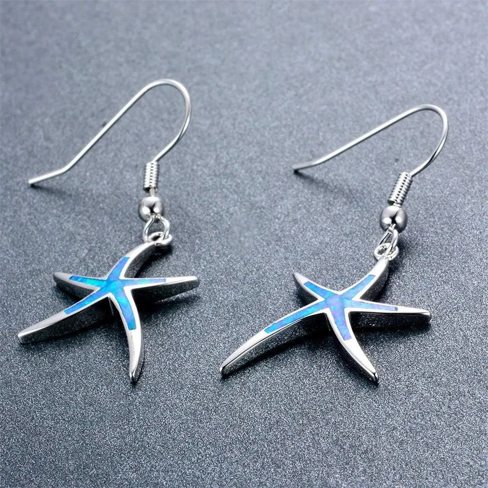 Starfish Necklace Earrings Jewelry Set with Blue Purple Opal Ocean Sea Animal Beach Jewelry for Women