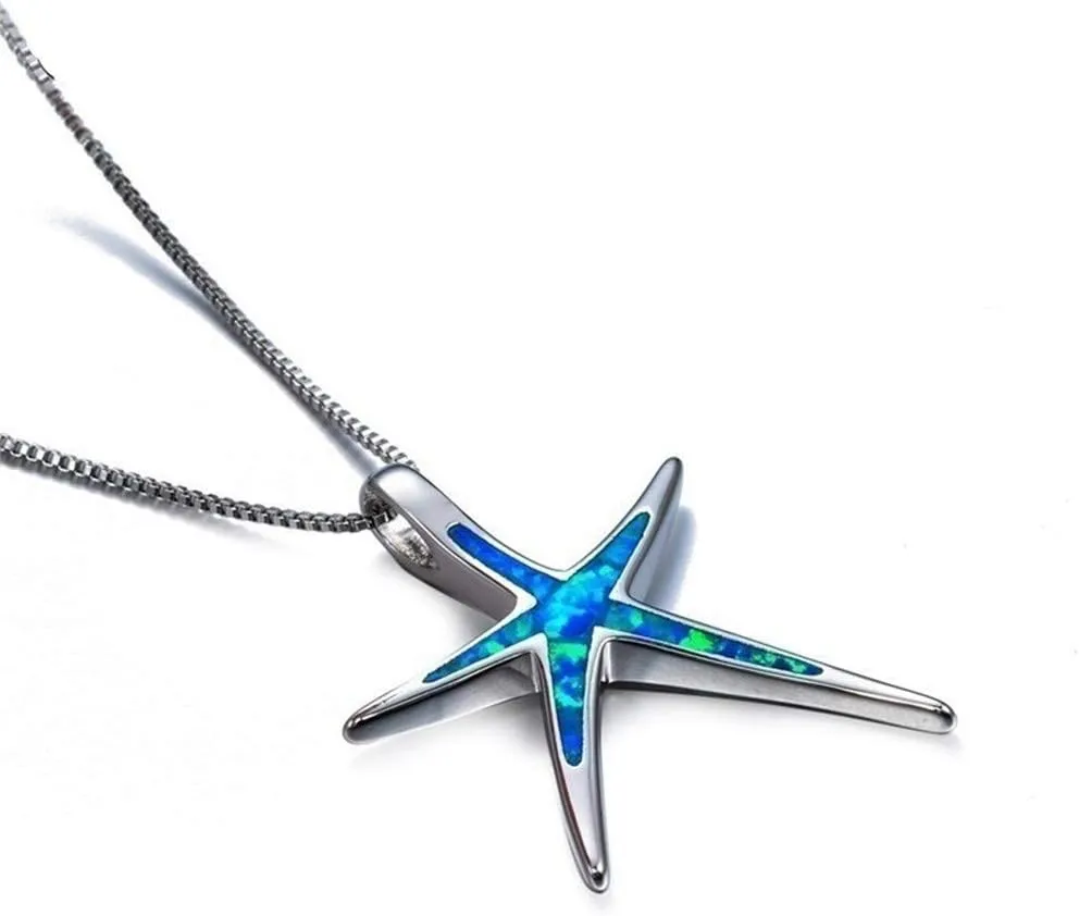 Starfish Necklace Earrings Jewelry Set with Blue Purple Opal Ocean Sea Animal Beach Jewelry for Women