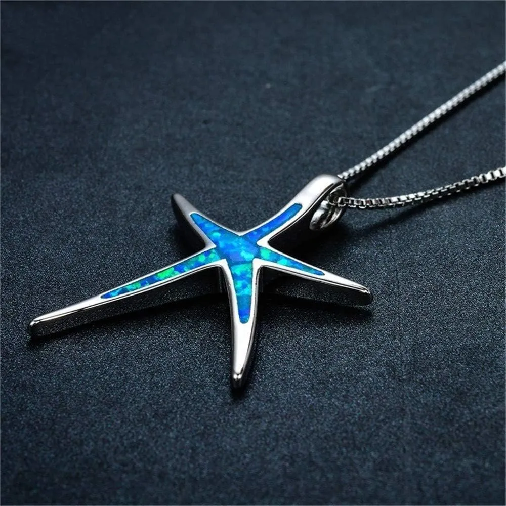 Starfish Necklace Earrings Jewelry Set with Blue Purple Opal Ocean Sea Animal Beach Jewelry for Women