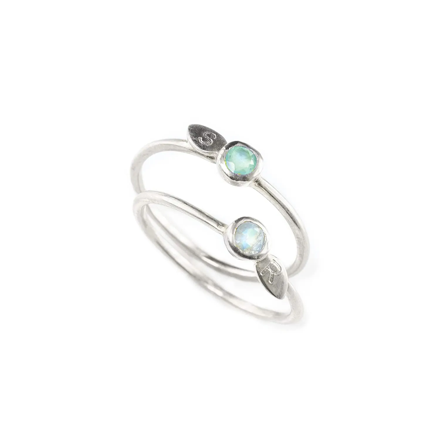 Sterling Silver Stackable Mom Rings with Birthstones and Initials, Minimalist Gemstone Ring Set, Mother's Day Gift
