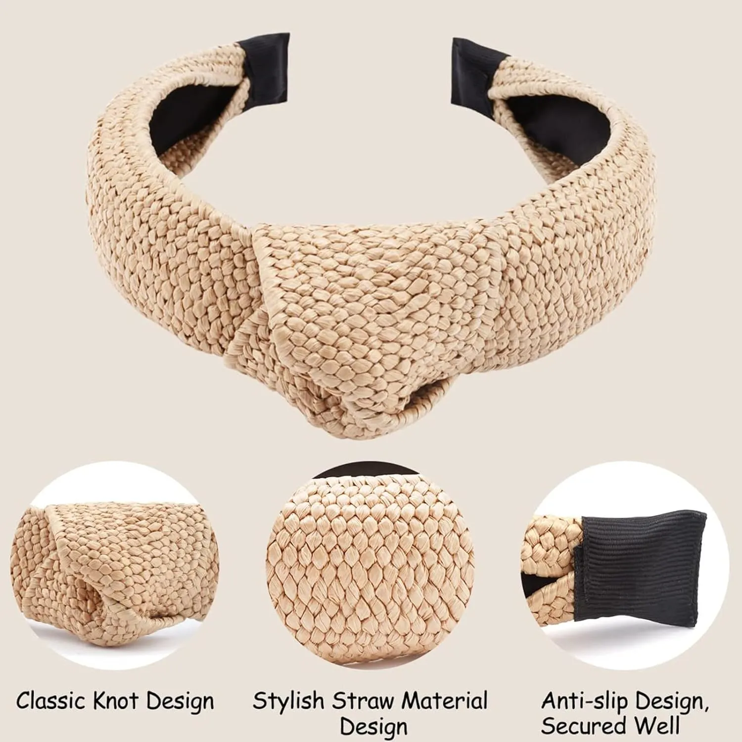 Straw Knotted Headbands for Women Wide Headband for Womens Hair Summer Beach Rattan Knot Headband Women Fashion Head Band For Beach Vacation Hair Accessories For Women